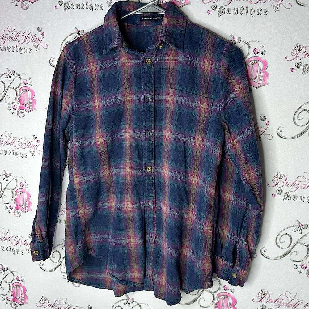 Brandy Melville button up plaid shirt purple blue pink buttons cute western
